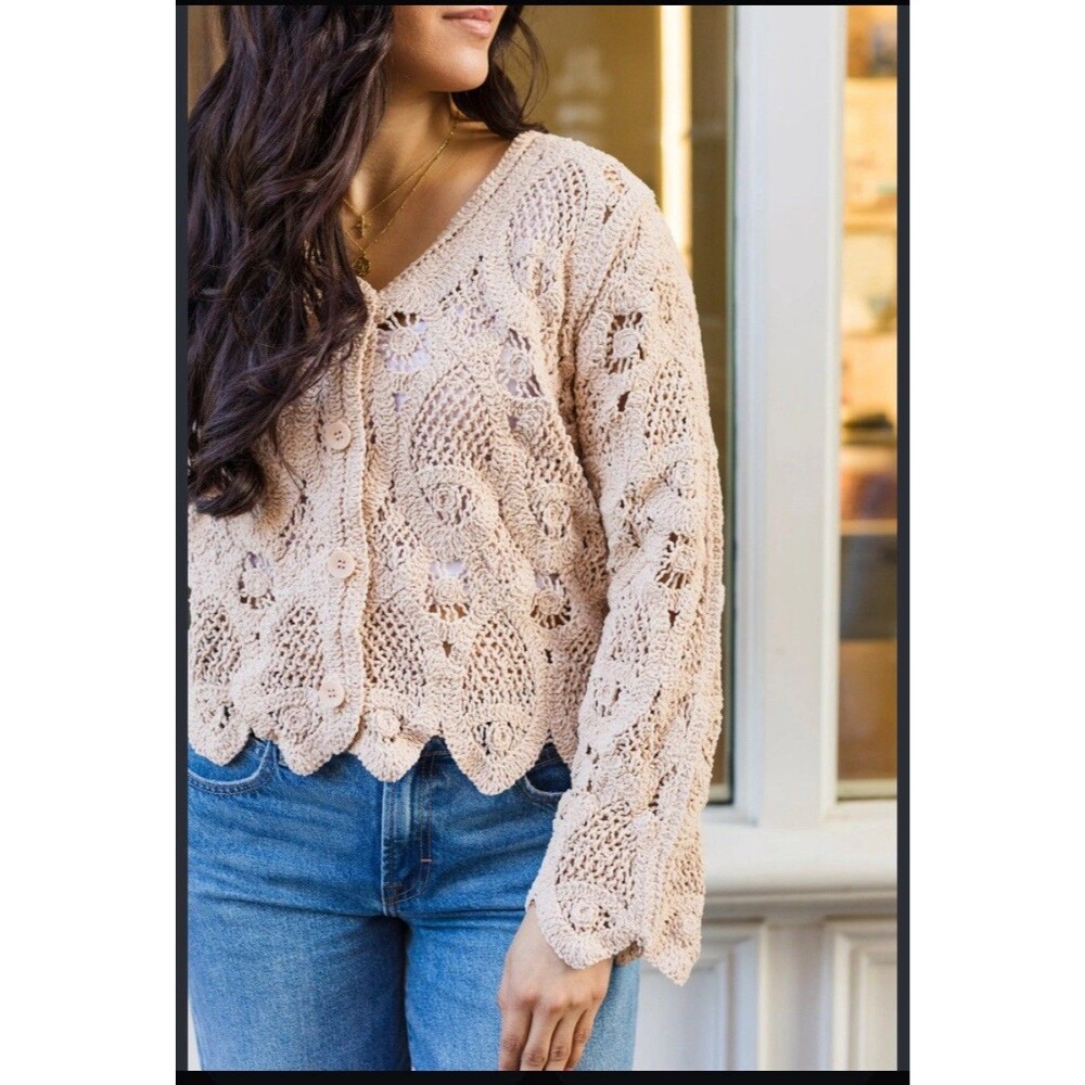 POL One Size Crochet Knit Cardigan Beige Button Front Boho Long Sleeve Cotton